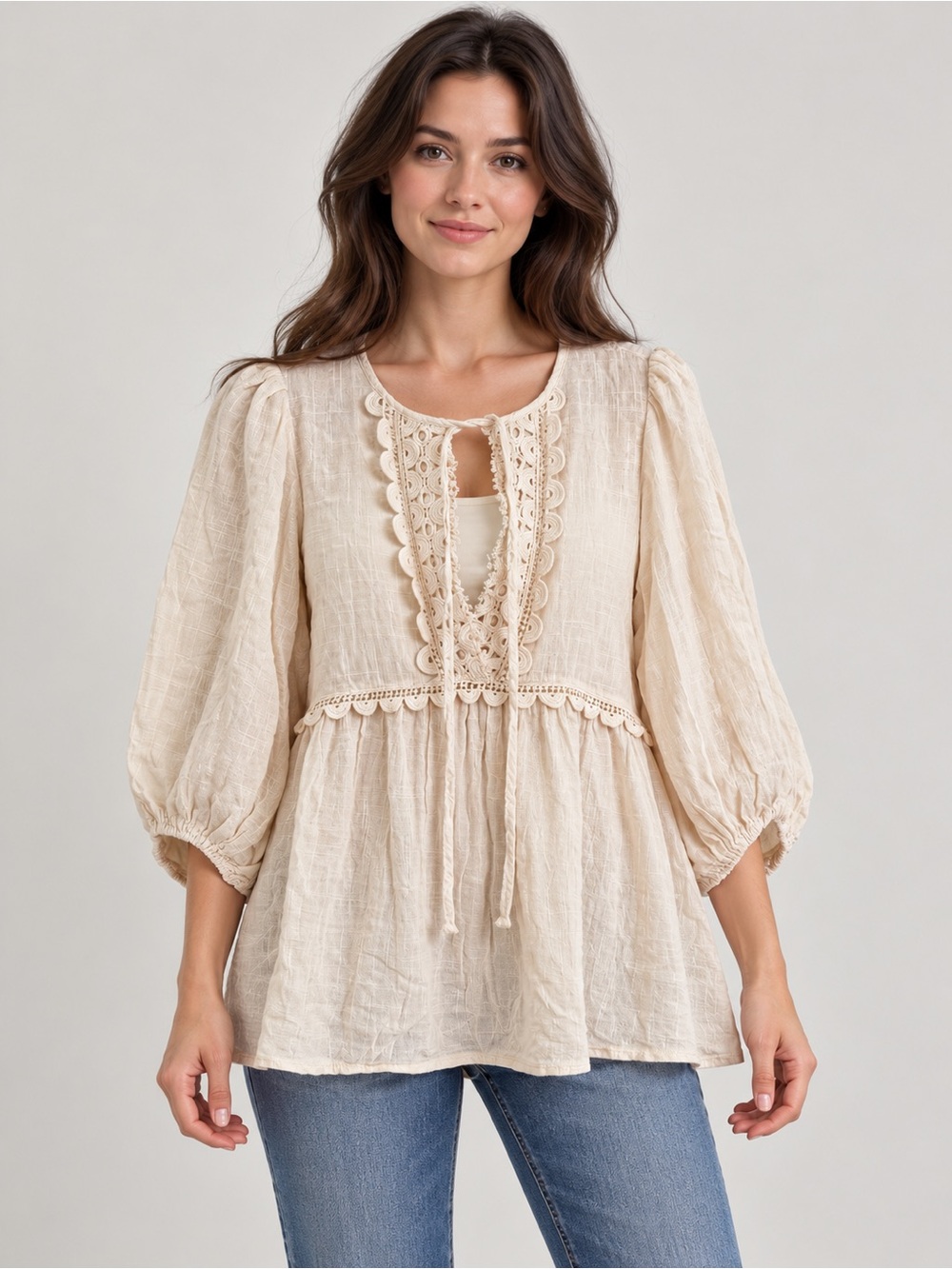 Max Studio Cream Crochet Lace Boho Tunic Top Medium 3/4 Sleeve Cotton Blend Chic